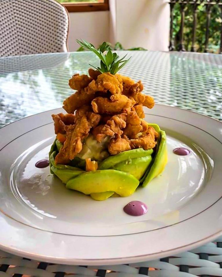 Palta acompanada de chicharrón de pollo